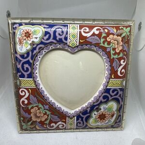 Vintage Cloisonné Picture Frame Japan Silver Plate Square Heart‎ 5.5" X 5.5"